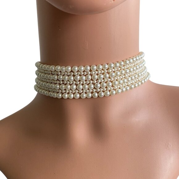 Vintage Multi Strand Faux Pearl Choker Necklace - Picture 1 of 7
